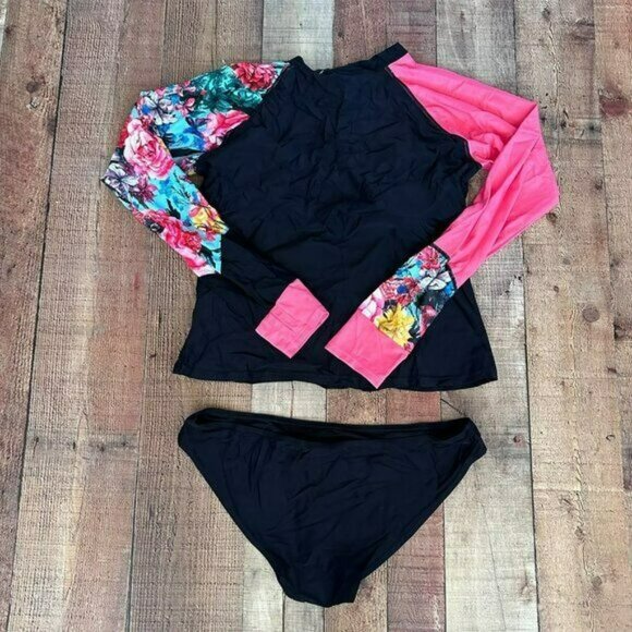 AONIHUA women's size XXL pink and black surf shirt with bikini bottom set - Picture 8 of 9